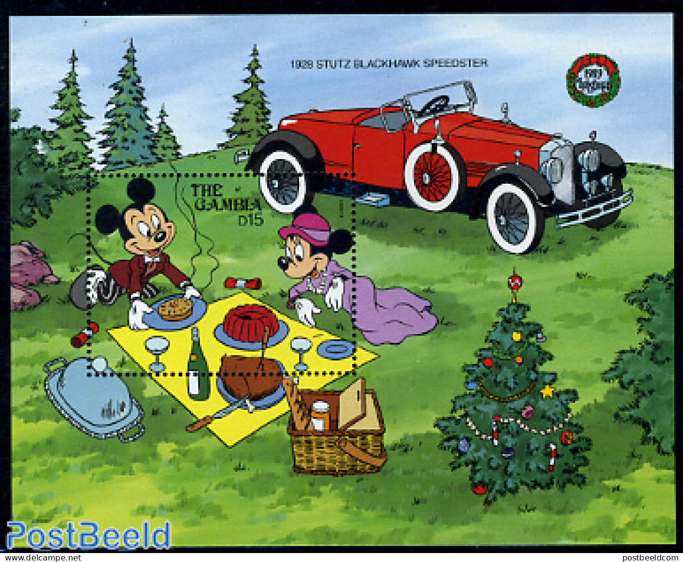 Gambia 1989 Christmas S/s, Mickey, Minnie, Mint NH, Religion - Transport - Christmas - Automobiles - Art - Disney - Weihnachten