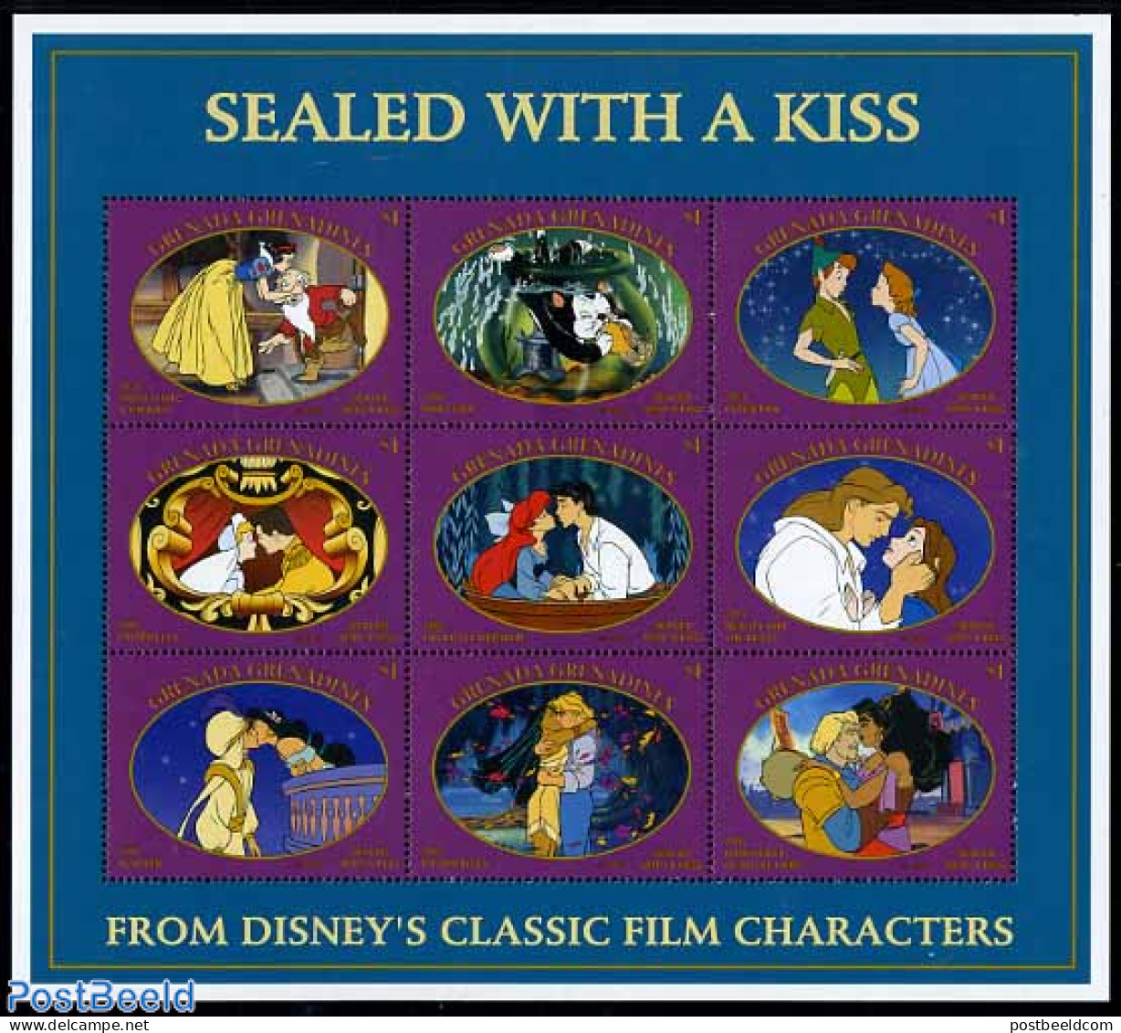 Grenada Grenadines 1997 Disney, Kissing Scenes 9v M/s, Mint NH, Art - Disney - Disney