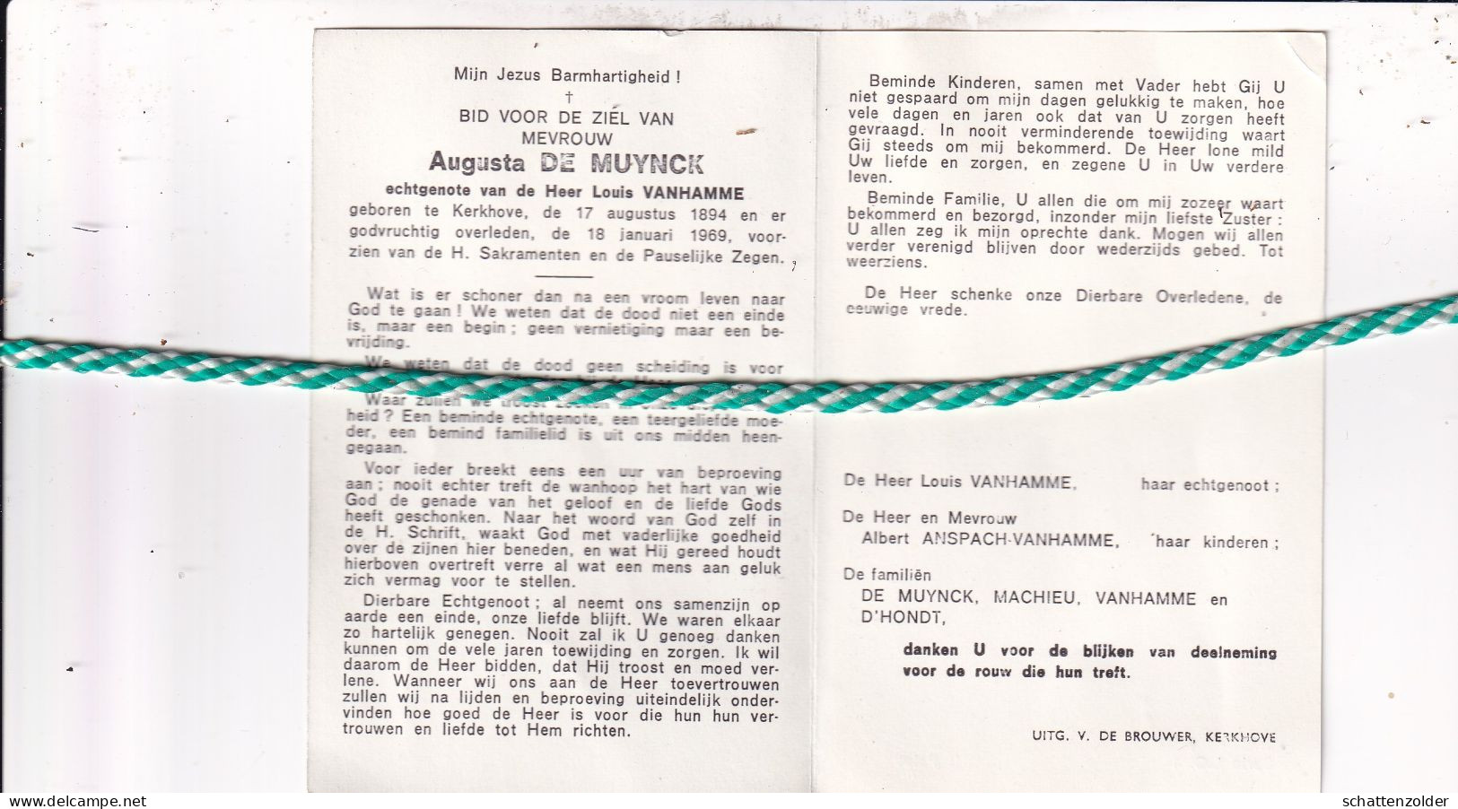 Augusta De Muynck-Vanhamme, Kerkhove 1894, 1969 - Obituary Notices