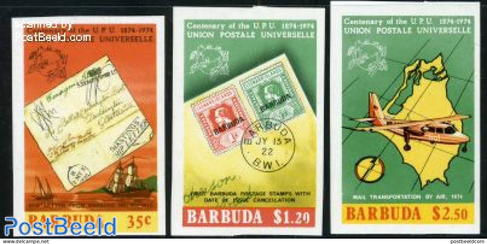 Barbuda 1974 UPU Centenary 3v Imperforated, Mint NH, Transport - Various - Stamps On Stamps - U.P.U. - Aircraft & Avia.. - Timbres Sur Timbres