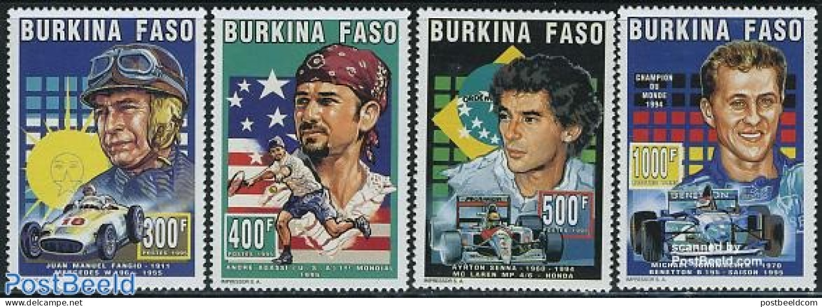 Burkina Faso 1995 Sports 4v, Mint NH, Sport - Transport - Autosports - Sport (other And Mixed) - Tennis - Automobiles - Tennis