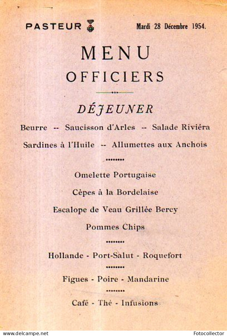 Menu Officiers Du 28 Décembre 1954 Servi Sur Le Paquebot Pasteur - Menus