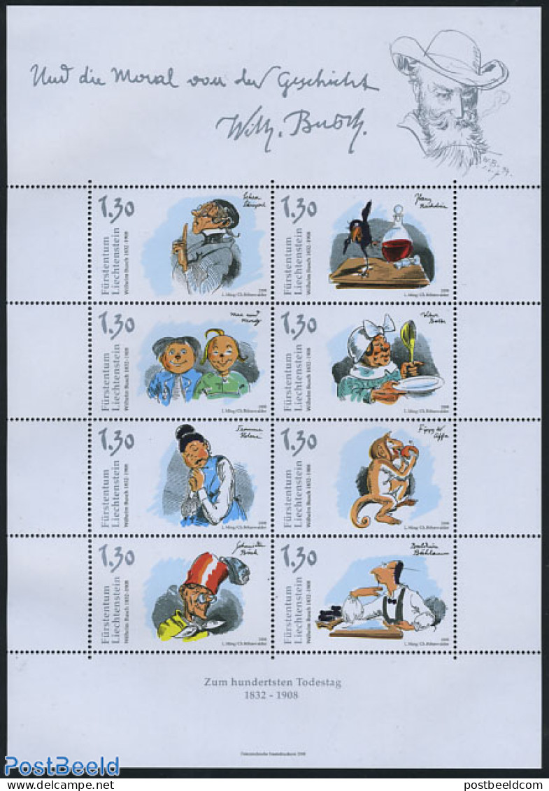 Liechtenstein 2008 Wilhelm Busch 8v M/s, Mint NH, Nature - Birds - Monkeys - Art - Authors - Children's Books Illustra.. - Ongebruikt