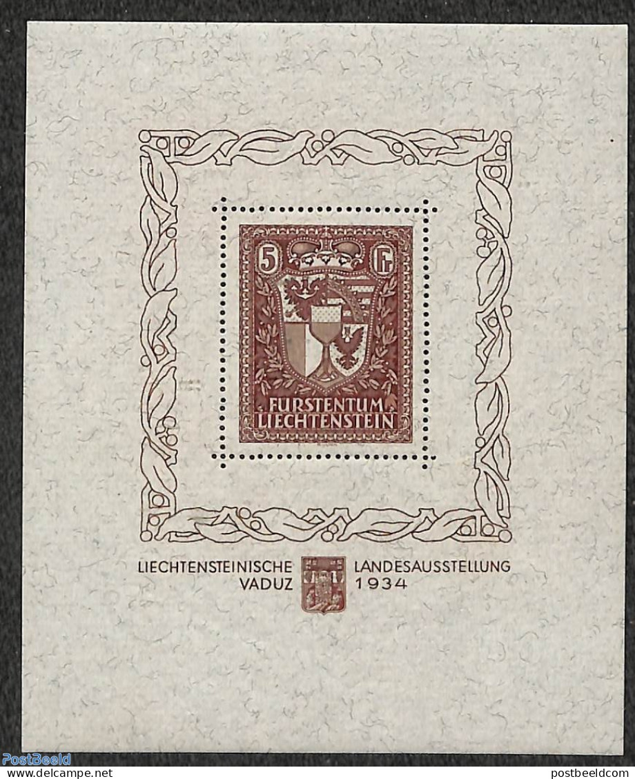 Liechtenstein 1934 Stamp Exhibition S/s, Mint NH, History - Coat Of Arms - Ungebraucht