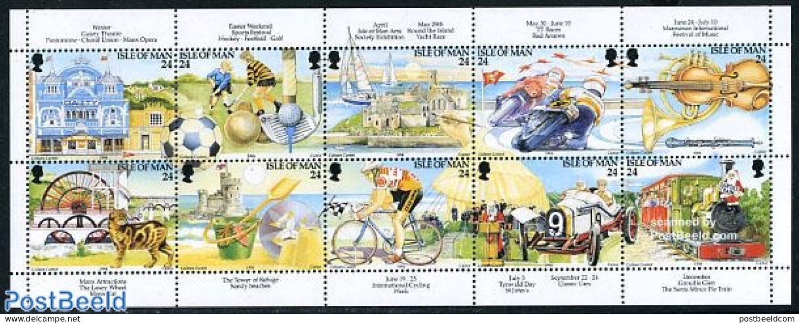 Isle Of Man 1994 Tourism 10v M/s, Mint NH, Nature - Performance Art - Sport - Transport - Various - Cats - Music - Cyc.. - Musique