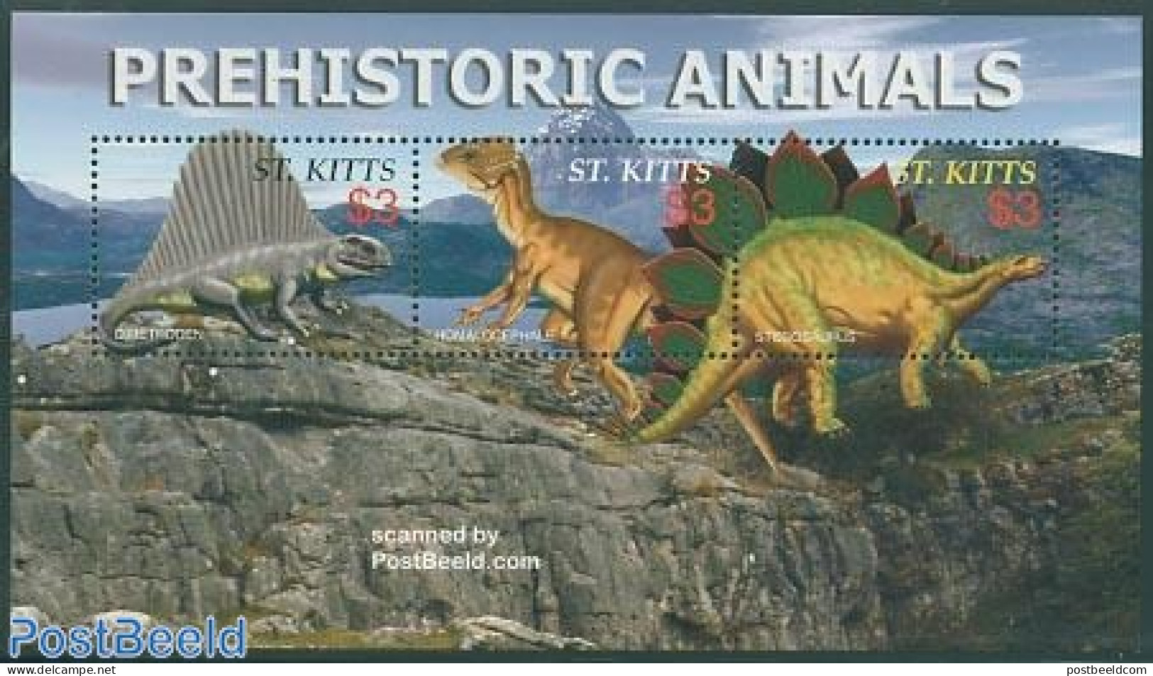 Saint Kitts/Nevis 2005 Preh. Animals 3v M/s,Dimetroden, Mint NH, Nature - Prehistoric Animals - Préhistoriques
