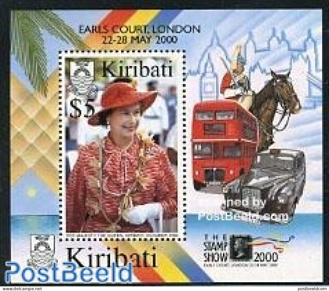 Kiribati 2000 Stamp Show 2000 S/s, Mint NH, History - Nature - Transport - Kings & Queens (Royalty) - Horses - Philate.. - Familles Royales
