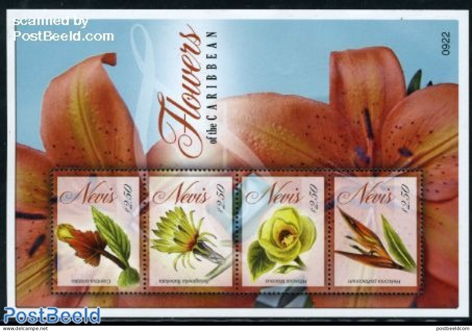 Nevis 2009 Flowers Of The Caribbean 4v M/s, Mint NH, Nature - Flowers & Plants - St.Kitts-et-Nevis ( 1983-...)