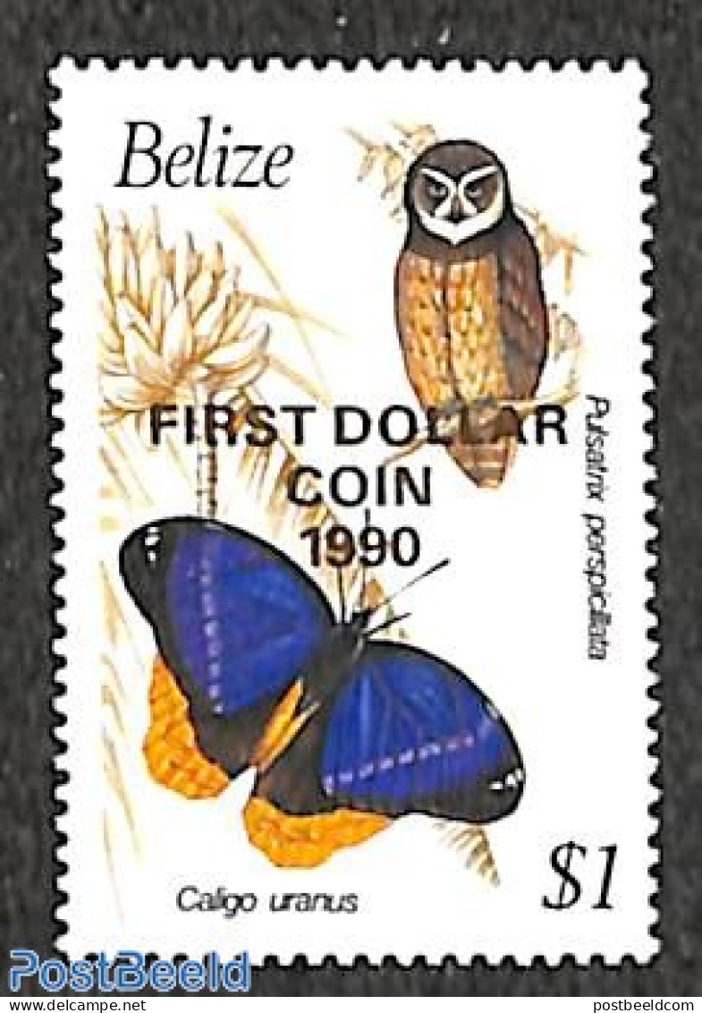 Belize/British Honduras 1990 First Dollar Coin 1v, Mint NH, Nature - Various - Birds - Butterflies - Owls - Banking An.. - British Honduras (...-1970)