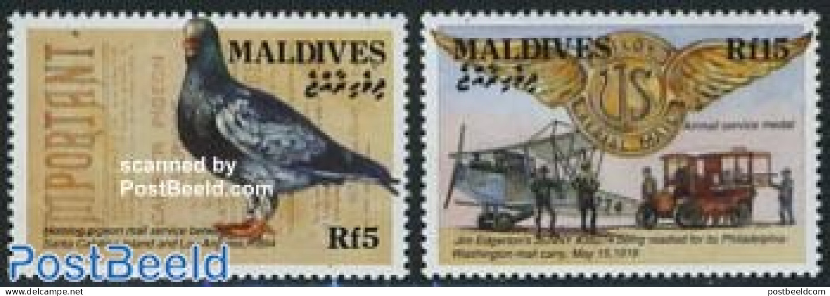 Maldives 1993 J.P. Blanchard Airmail 2v, Mint NH, Nature - Transport - Birds - Post - Automobiles - Aircraft & Aviatio.. - Poste