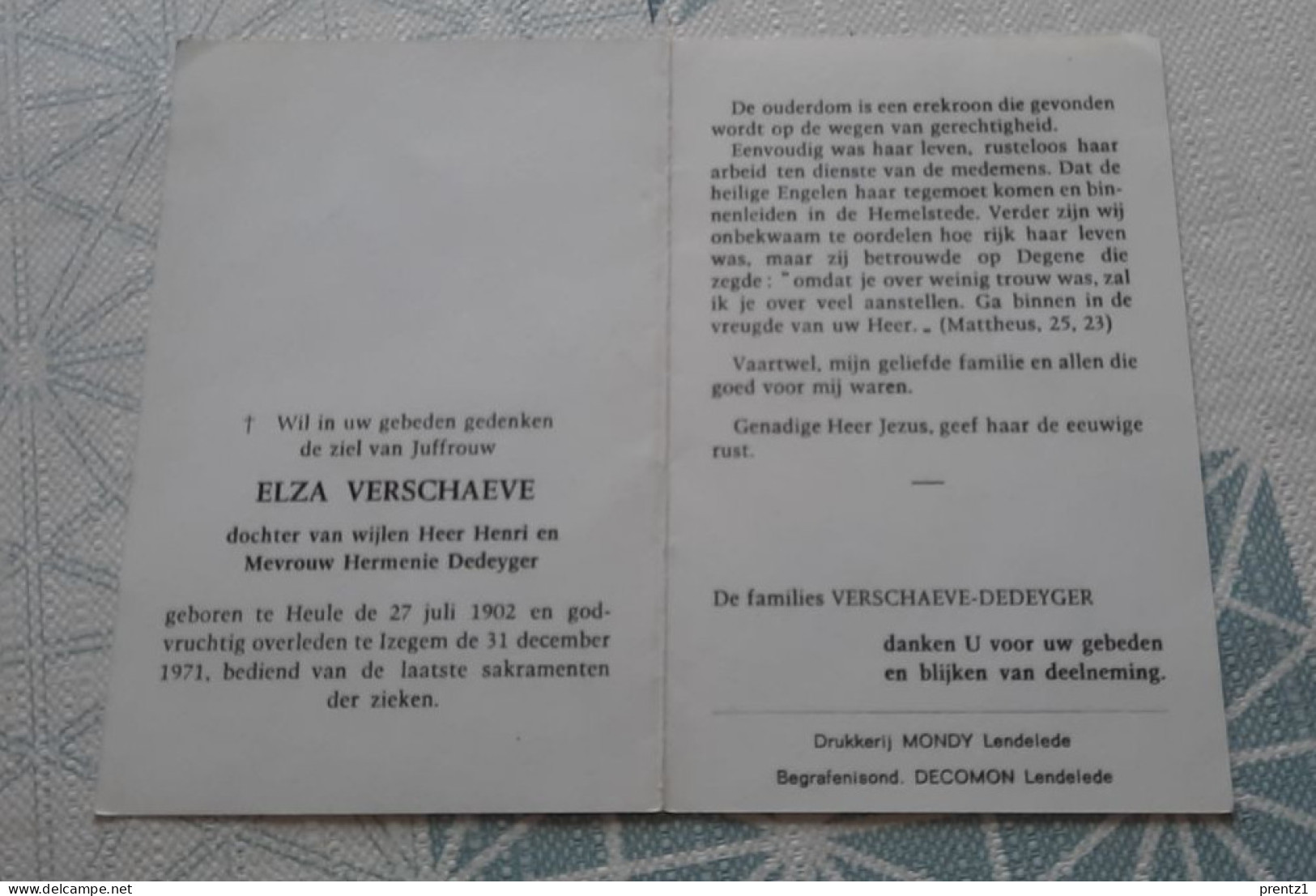 Elza Verschaeve - Geb. Heule 27/07/1902- Dochter Van Dedeyger - Gest. Izegem 31/12/1971 - Images Religieuses