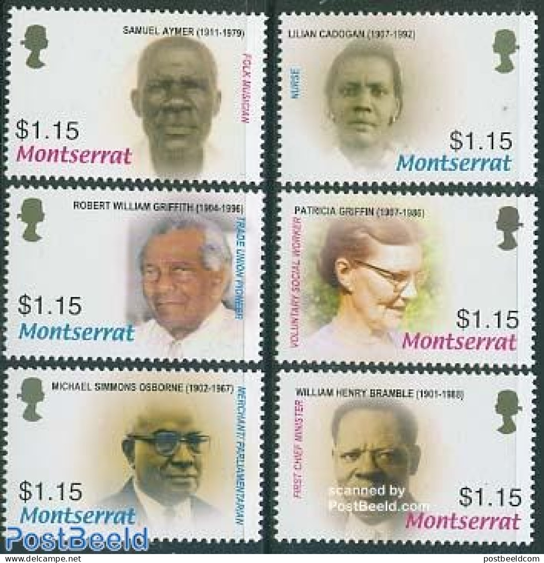 Montserrat 2005 Famous Persons 6v, Mint NH, Health - History - Performance Art - Health - Politicians - Music - Musique