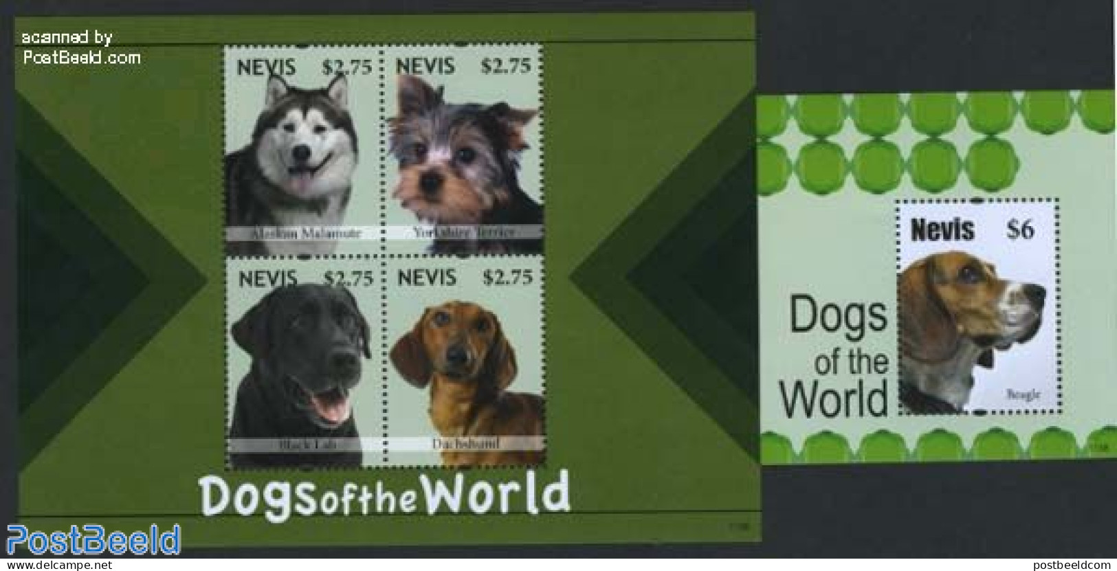 Nevis 2011 Dogs Of The World 2 S/s, Mint NH, Nature - Dogs - St.Kitts And Nevis ( 1983-...)