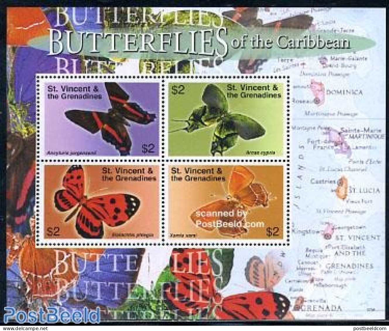 Saint Vincent 2007 Butterflies 4v M/s, Mint NH, Nature - Butterflies - St.Vincent (1979-...)