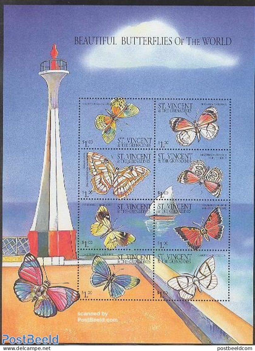 Saint Vincent 2001 Butterflies 8v M/s (lighthouse On Border), Mint NH, Nature - Various - Butterflies - Lighthouses & .. - Phares
