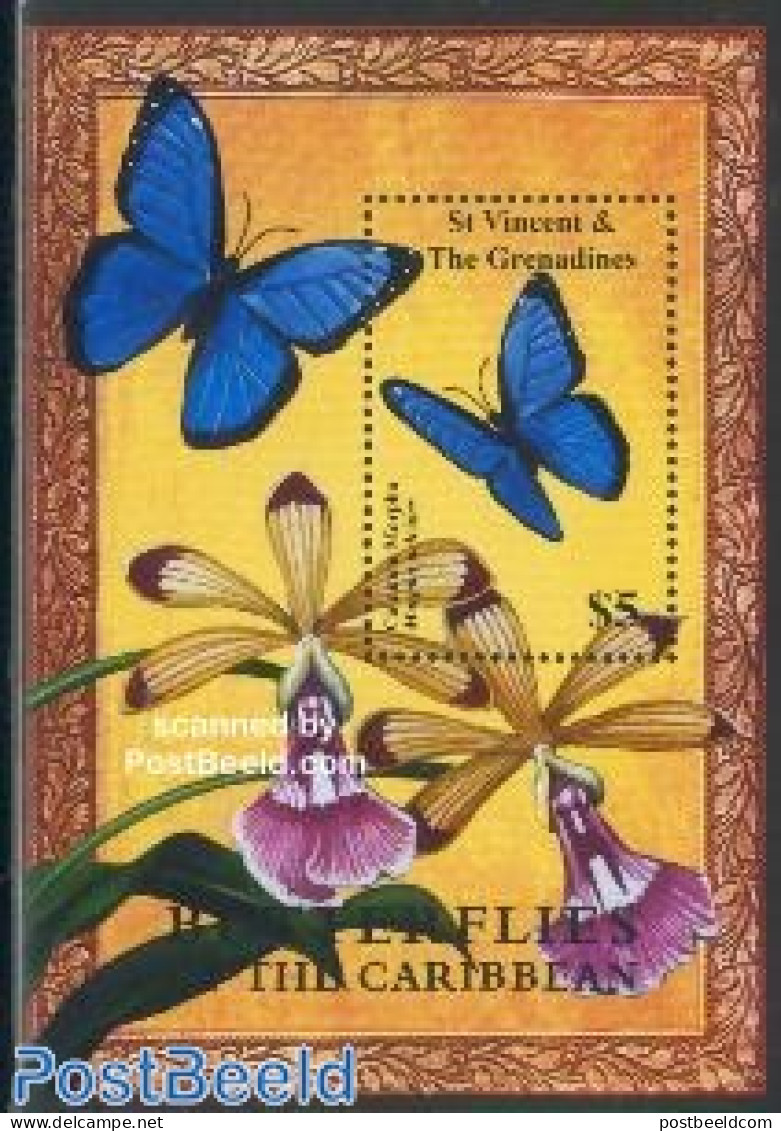 Saint Vincent 2001 Common Morpho S/s, Mint NH, Nature - Butterflies - Flowers & Plants - Orchids - St.Vincent (1979-...)