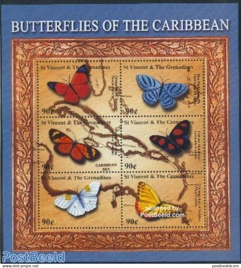 Saint Vincent 2001 Butterflies/map 6v M/s, Mint NH, Nature - Various - Butterflies - Maps - Geographie