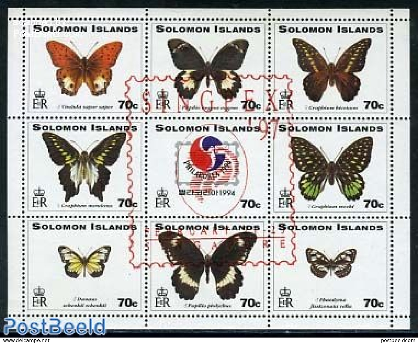 Solomon Islands 1997 Singpex, Butterflies 9v M/s, Mint NH, Nature - Butterflies - Philately - Solomon Islands (1978-...)