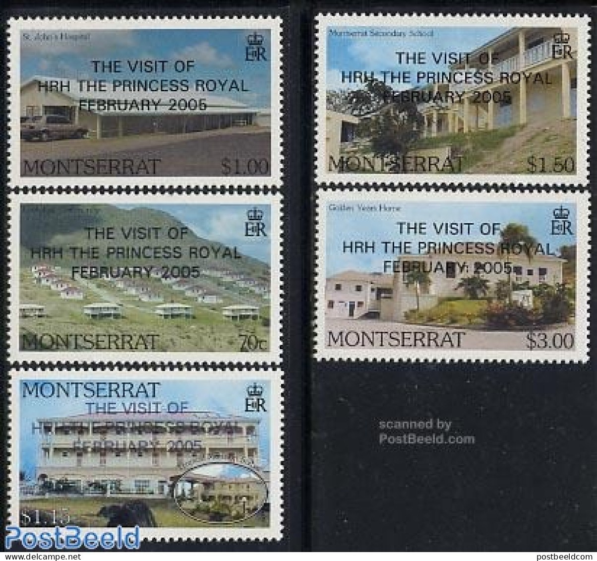 Montserrat 2005 Royal Visit 5v, Overprints, Mint NH, History - Kings & Queens (Royalty) - Art - Architecture - Familles Royales