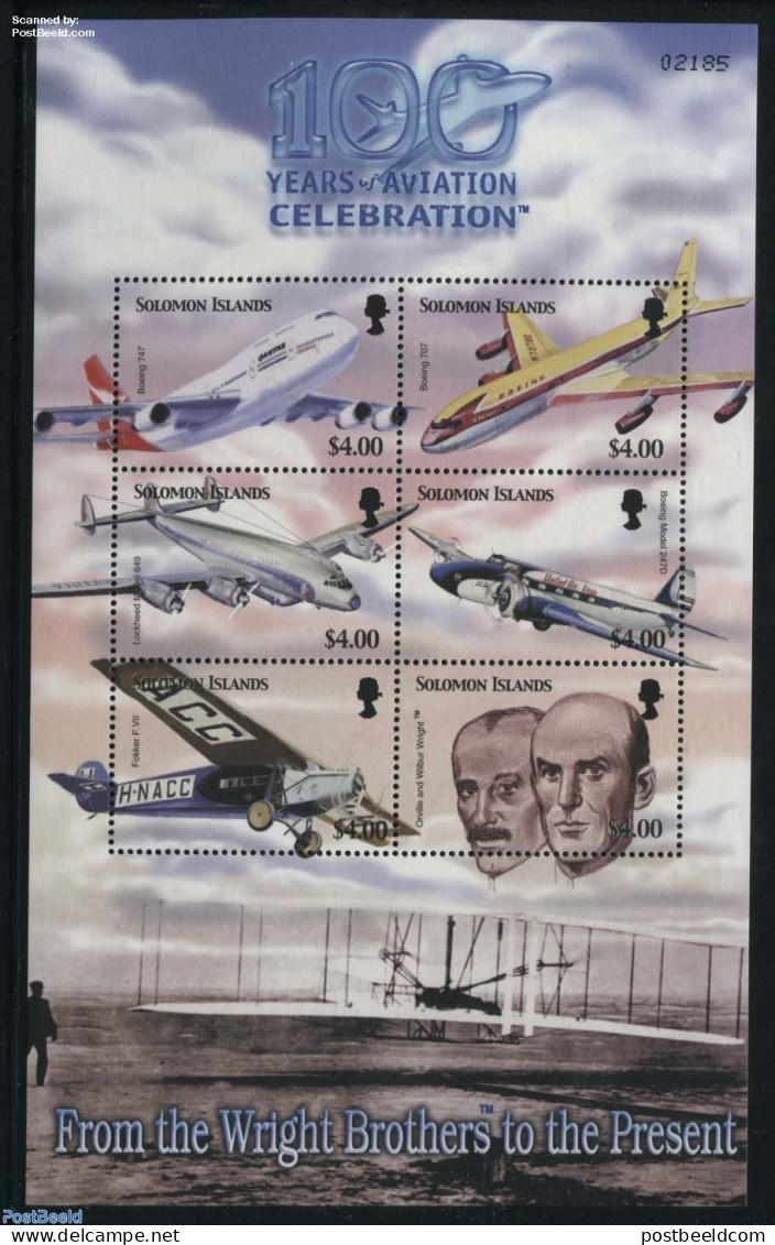 Solomon Islands 2003 Wright Brothers Flight Centenary 6v M/s, Mint NH, Transport - Aircraft & Aviation - Vliegtuigen