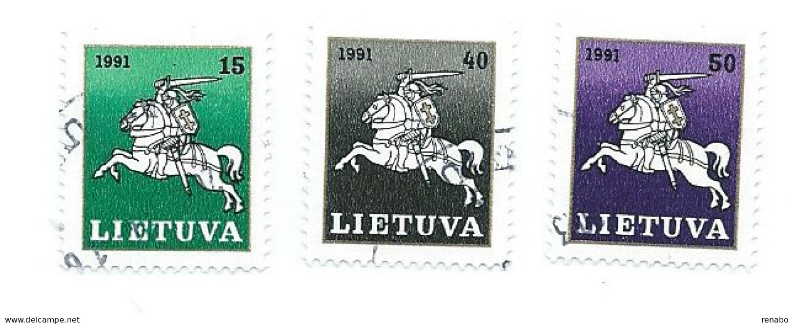 Lithuania, Lietuva 1991 ; Cavalli, Horse, Pferde, Chaveaux, Con Guerriero In Groppa ; 3 Valori ; Used. - Paarden