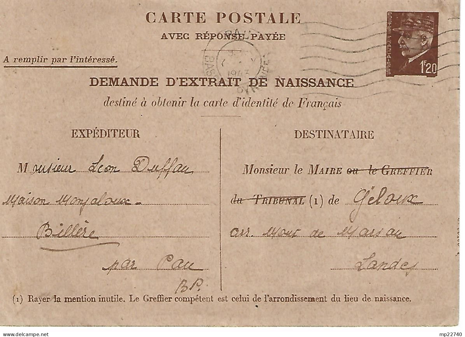 TYPE PETAIN ENTIER à 1F20  DEMANDE D'EXTRAIT DE NAISSANCE OBL 1943 - Cartes Postales Types Et TSC (avant 1995)