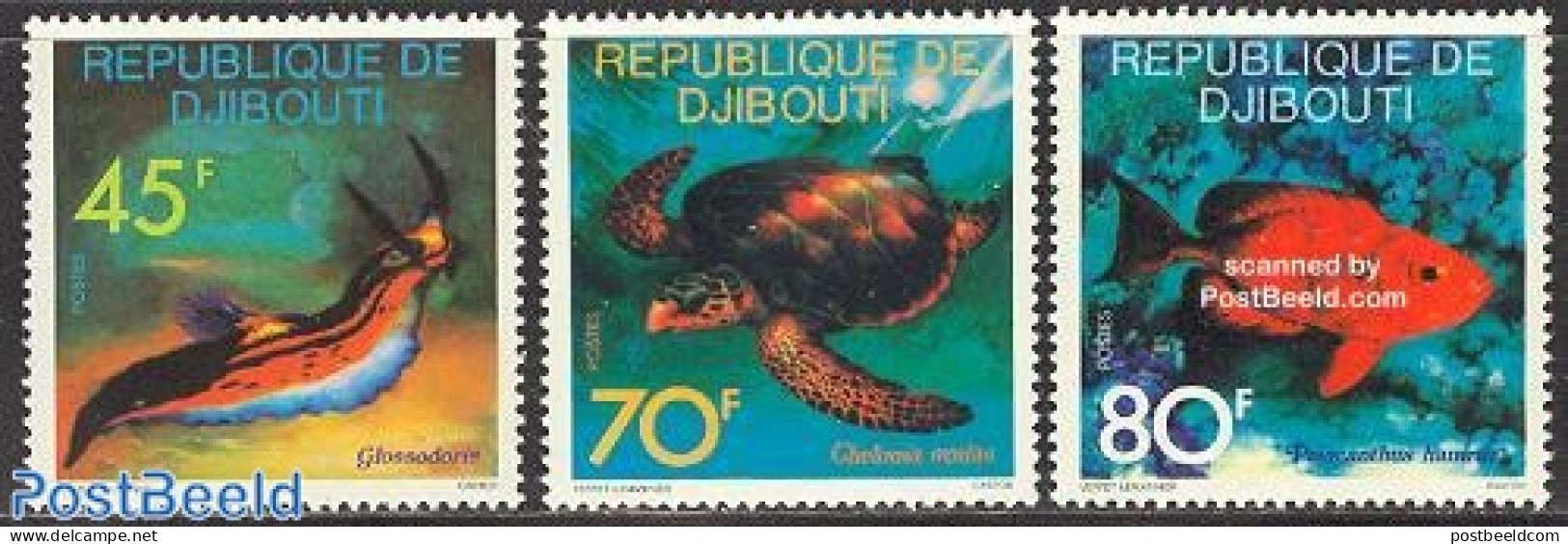 Djibouti 1977 Marine Life 3v, Mint NH, Nature - Fish - Shells & Crustaceans - Turtles - Poissons