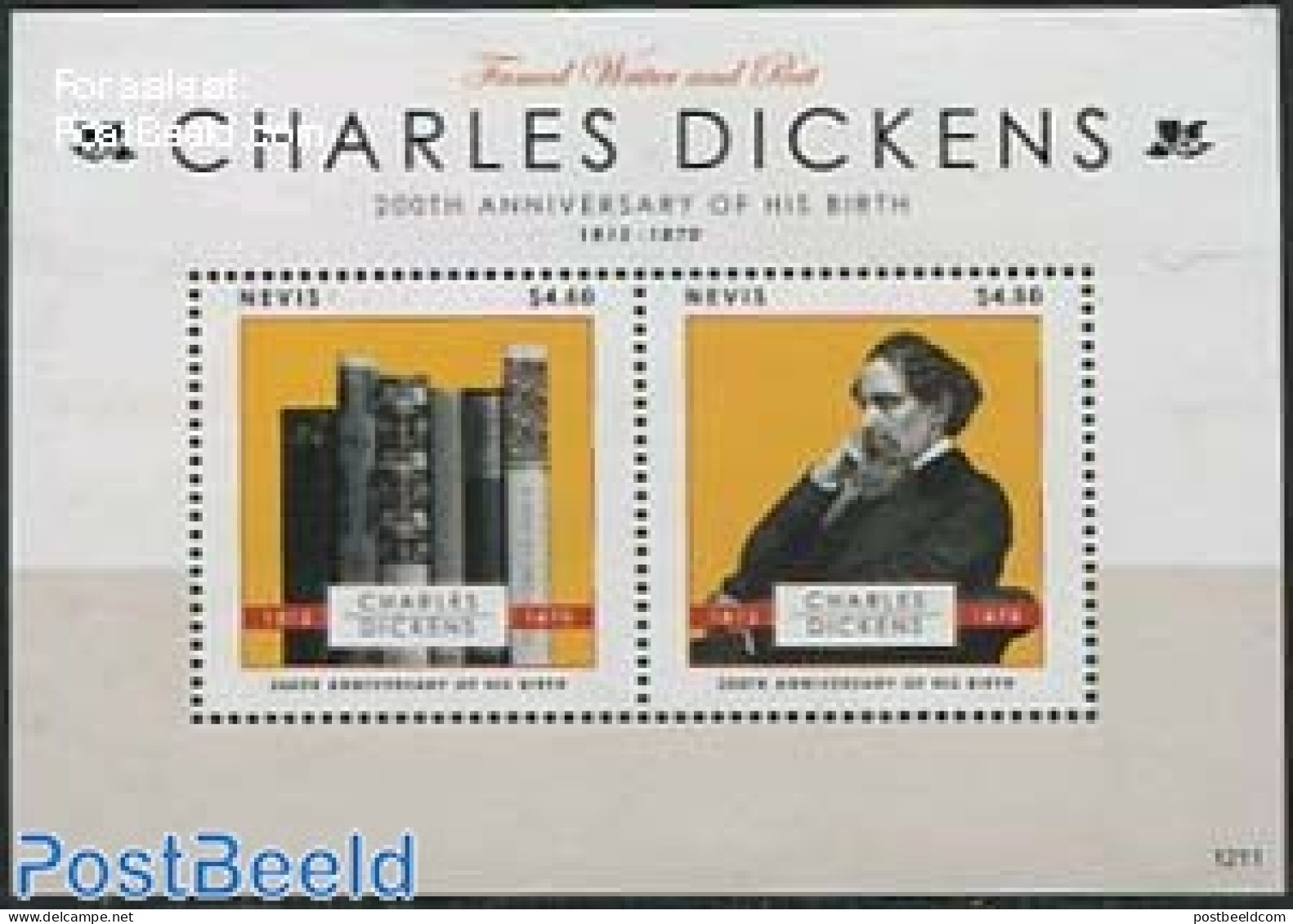 Nevis 2012 Charles Dickens S/s, Mint NH, Art - Authors - Books - Schriftsteller