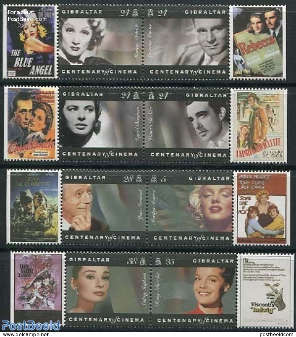 Gibraltar 1995 100 Years Cinema 8v, Mint NH, Performance Art - Film - Movie Stars - Cinéma