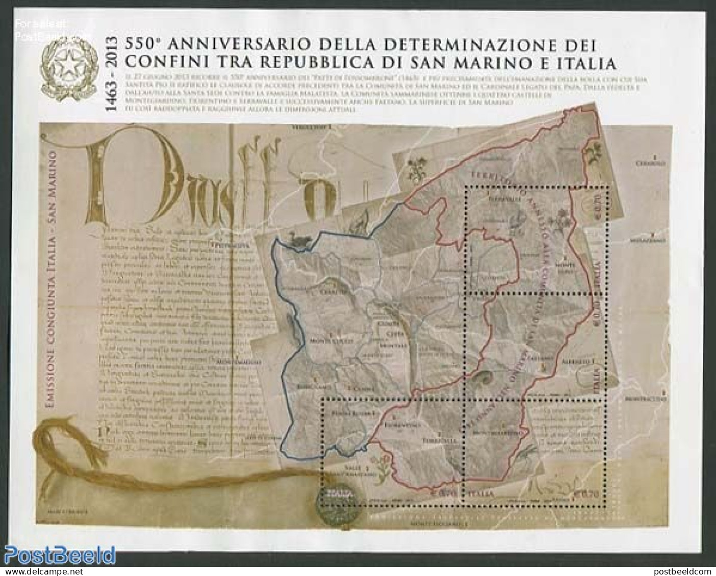 Italy 2013 550 Years Border With San Marino S/s, Mint NH, Various - Joint Issues - Maps - Autres & Non Classés