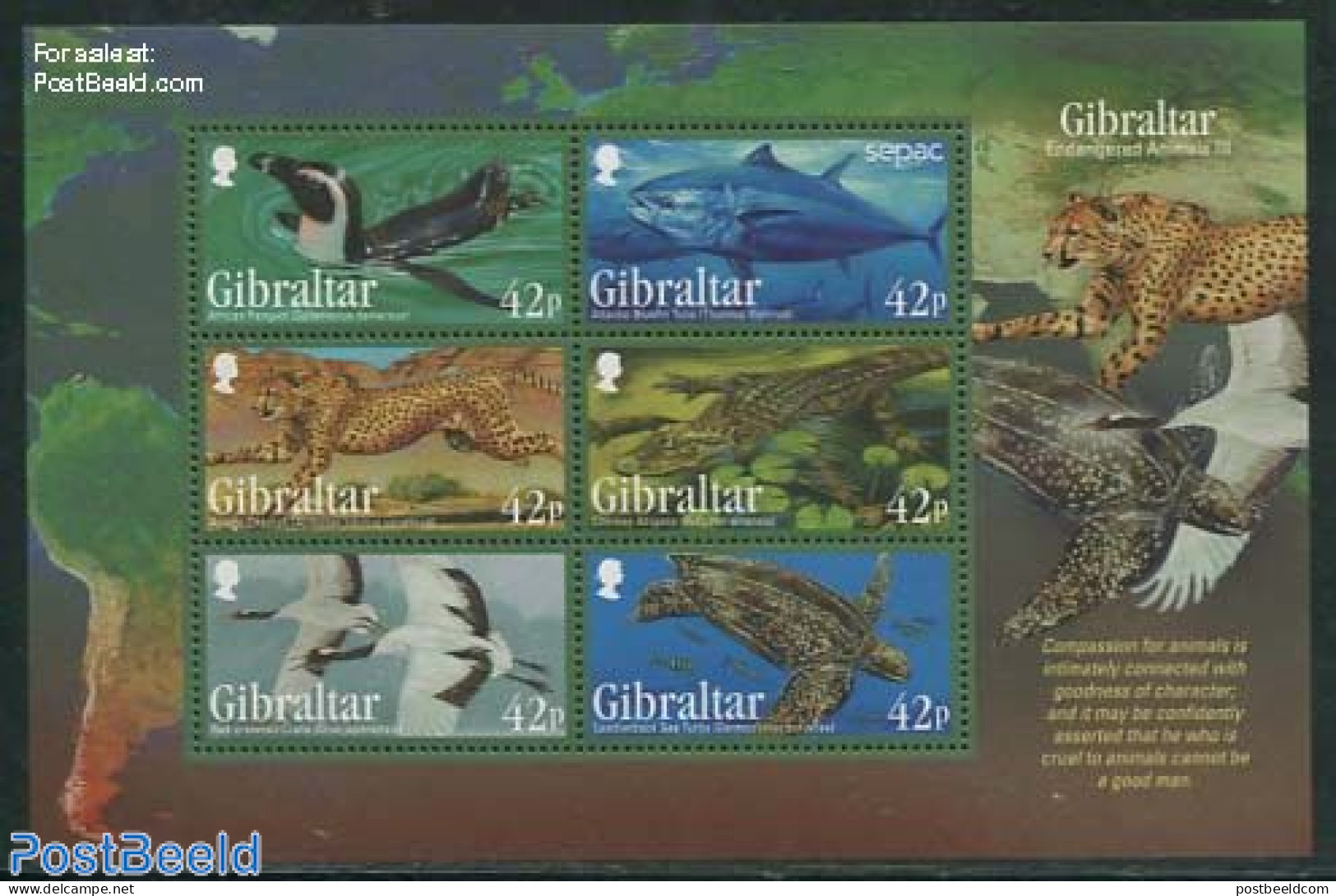 Gibraltar 2013 Endangered Animals 6v M/s, Mint NH, Nature - Animals (others & Mixed) - Birds - Cat Family - Crocodiles.. - Vissen