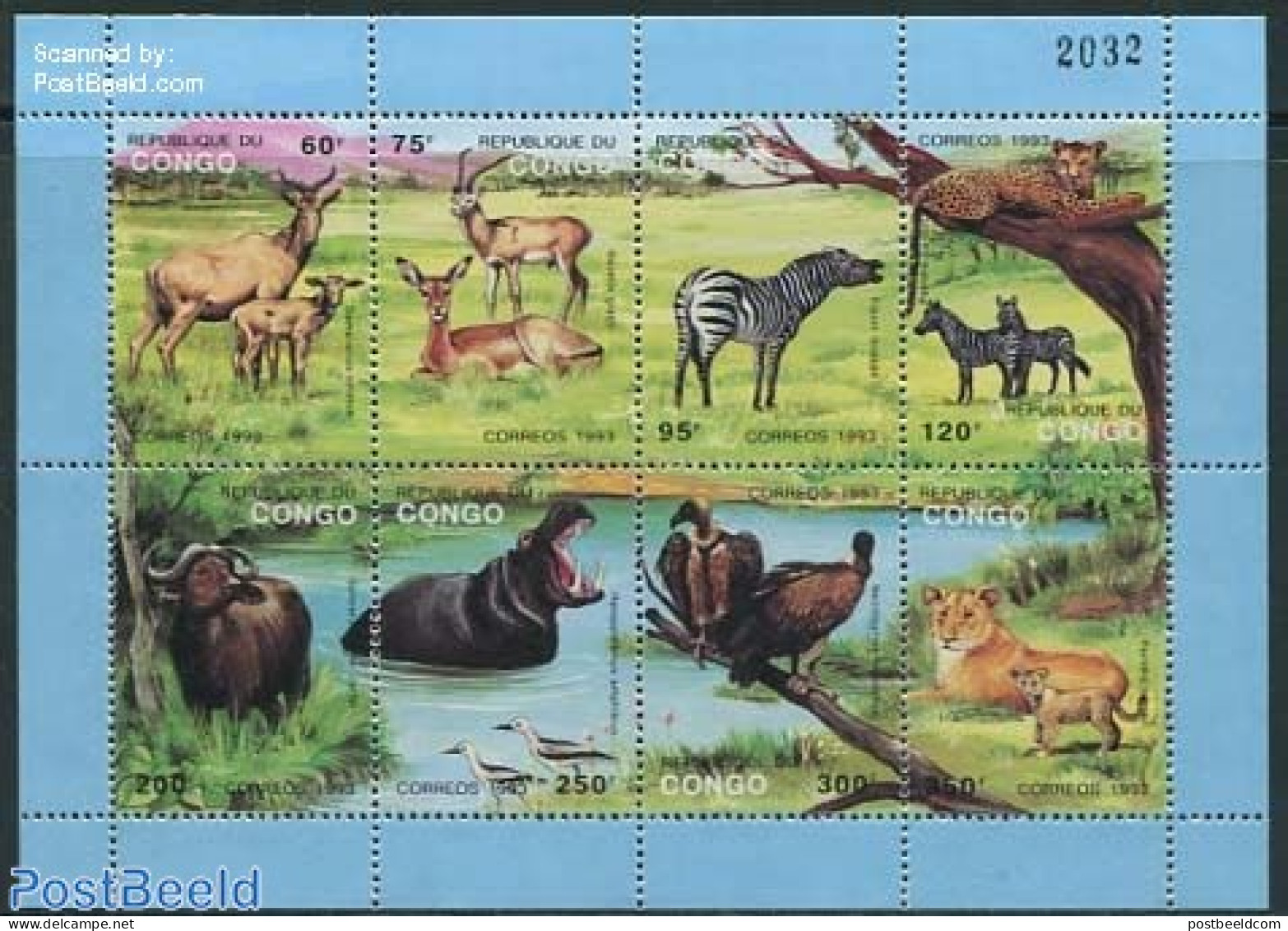 Congo Republic 1993 Wild Animals 8v M/s, Mint NH, Nature - Animals (others & Mixed) - Birds - Birds Of Prey - Cat Fami.. - Other & Unclassified