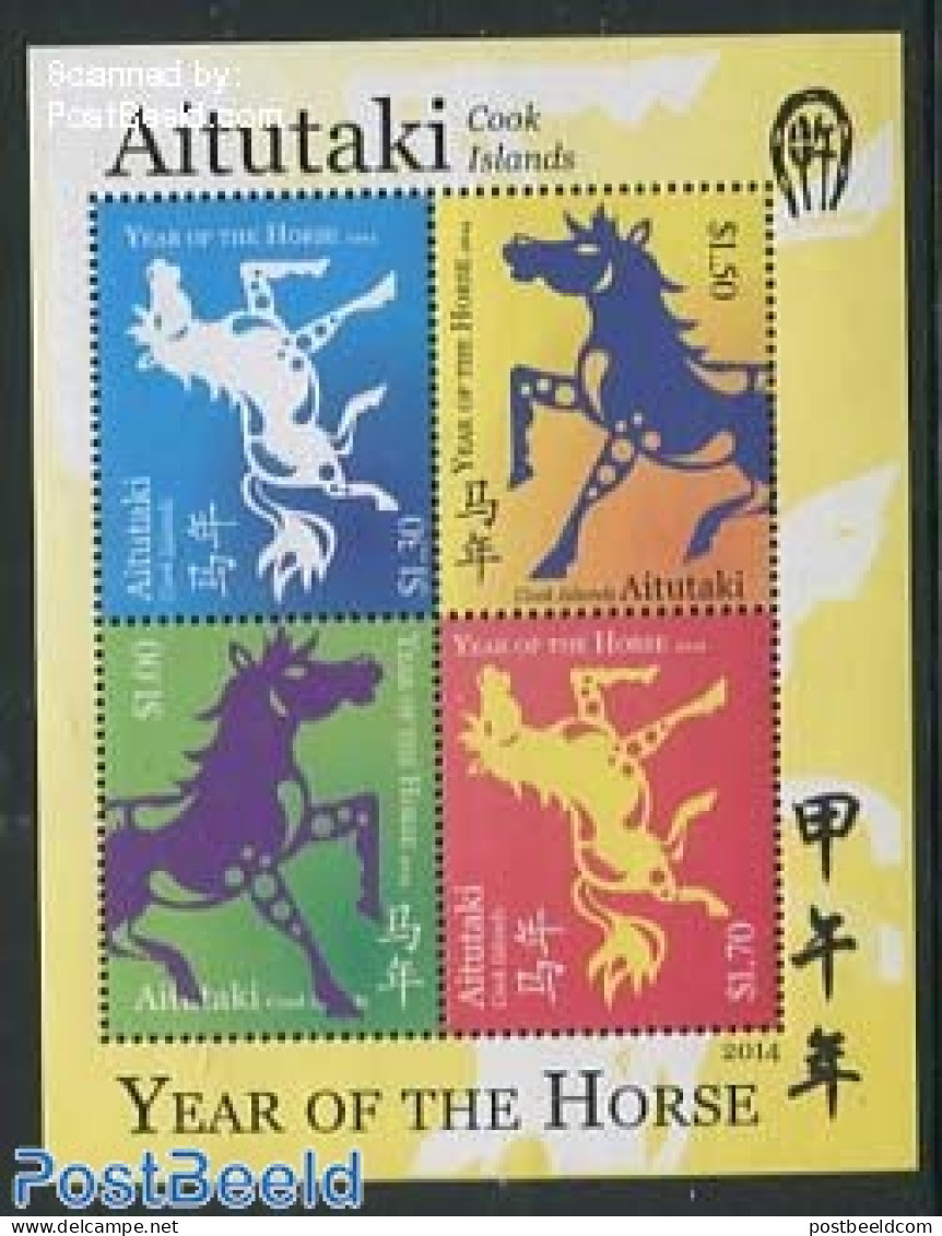 Aitutaki 2014 Year Of The Horse 4v M/s, Mint NH, Nature - Various - Horses - New Year - Neujahr