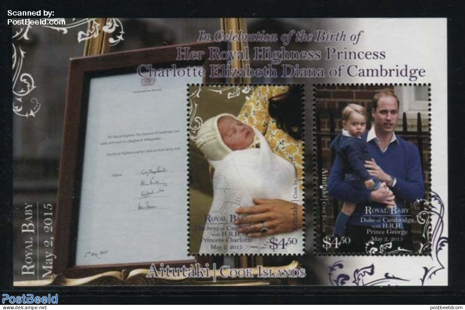 Aitutaki 2015 Princess Charlotte S/s, Mint NH, History - Kings & Queens (Royalty) - Familles Royales