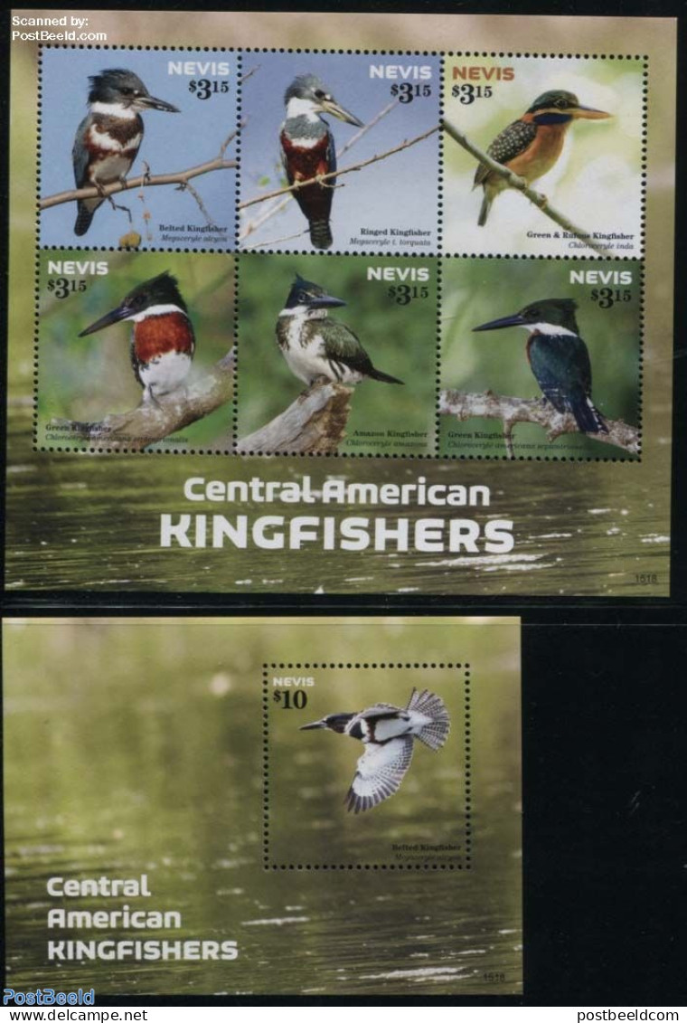 Nevis 2015 Central American Kingfishers 2 S/s, Mint NH, Nature - Birds - St.Kitts-et-Nevis ( 1983-...)