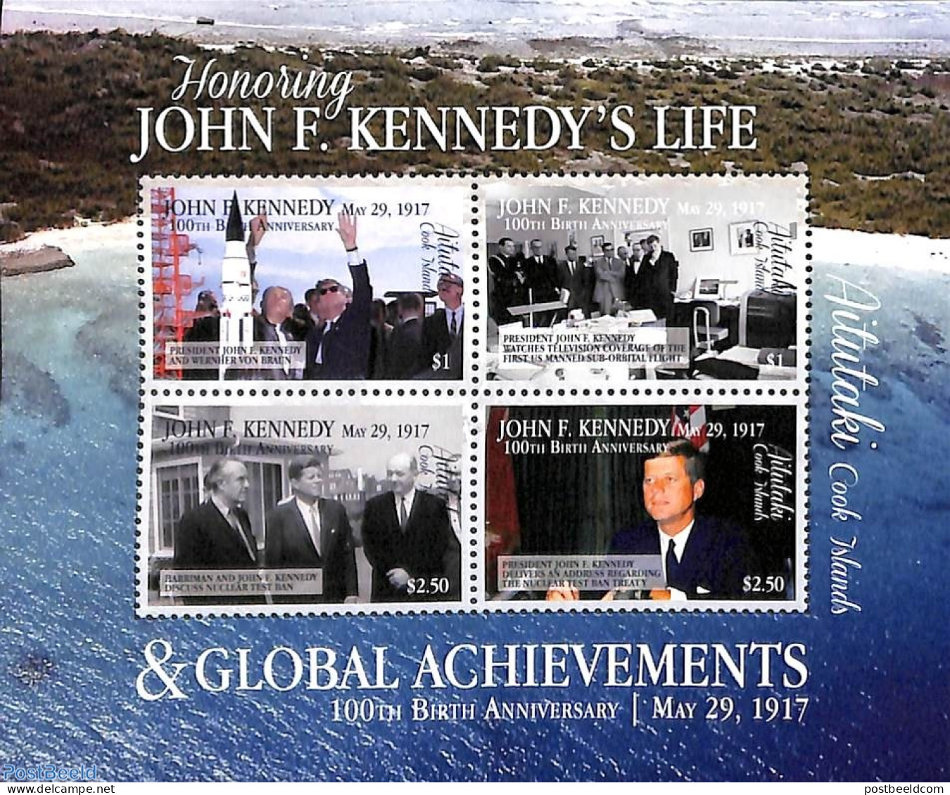 Aitutaki 2017 John F. Kennedy 4v M/s, Mint NH, American Presidents - Space Exploration - Aitutaki