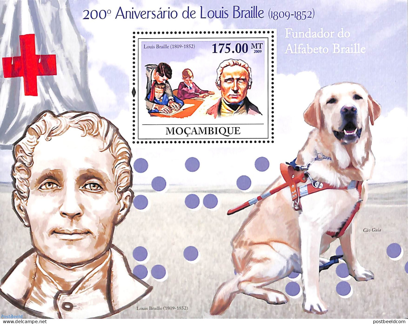Mozambique 2009 Louis Braille S/s, Mint NH, Health - Nature - Disabled Persons - Red Cross - Dogs - Behinderungen