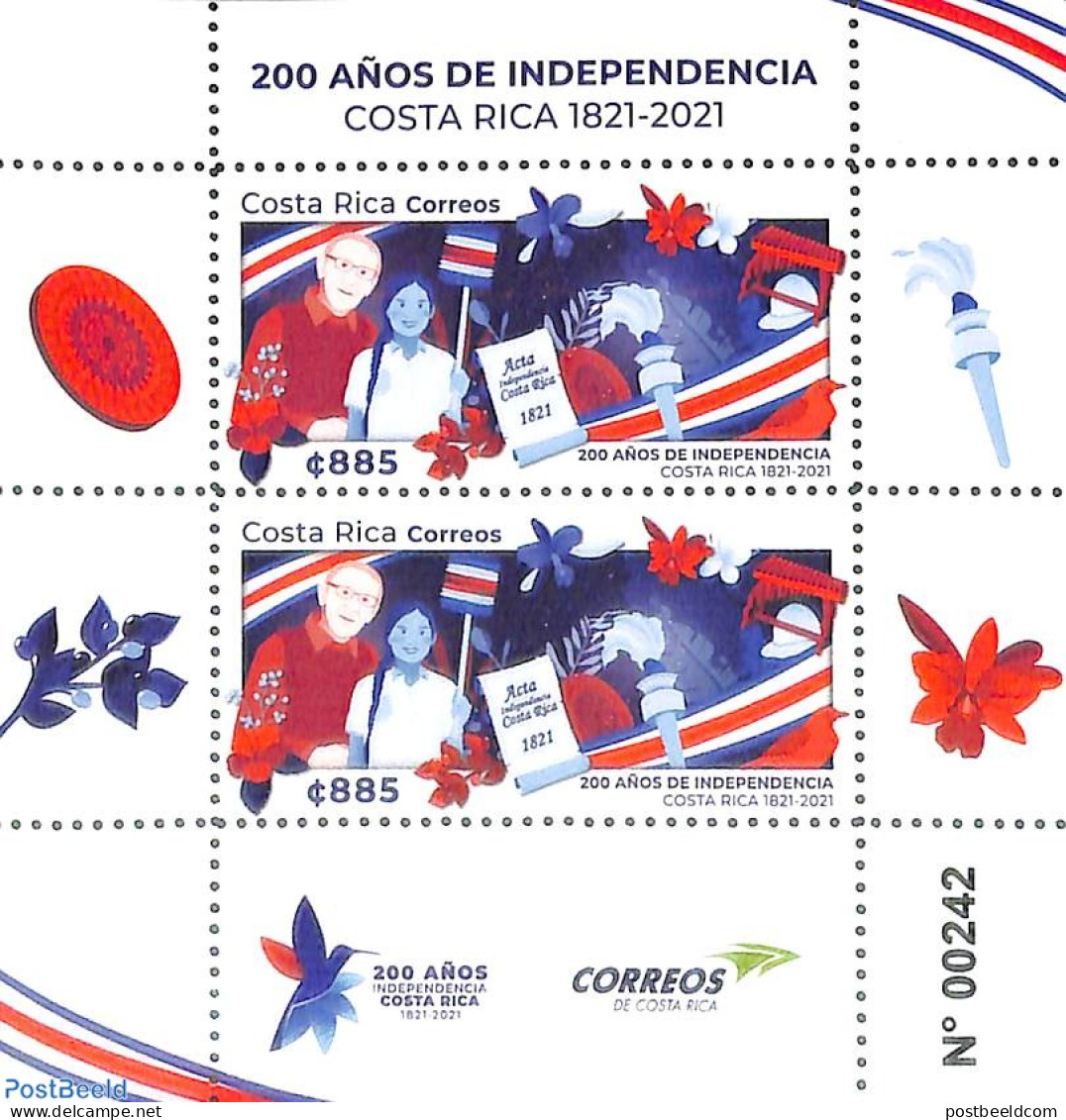 Costa Rica 2021 200 Years Independence S/s, Mint NH, History - History - Costa Rica