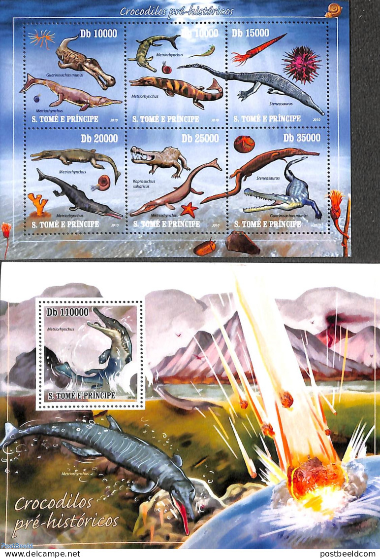 Sao Tome/Principe 2010 Prehistoric Crocodiles 2 S/s, Mint NH, Nature - Crocodiles - Prehistoric Animals - Prehistorics