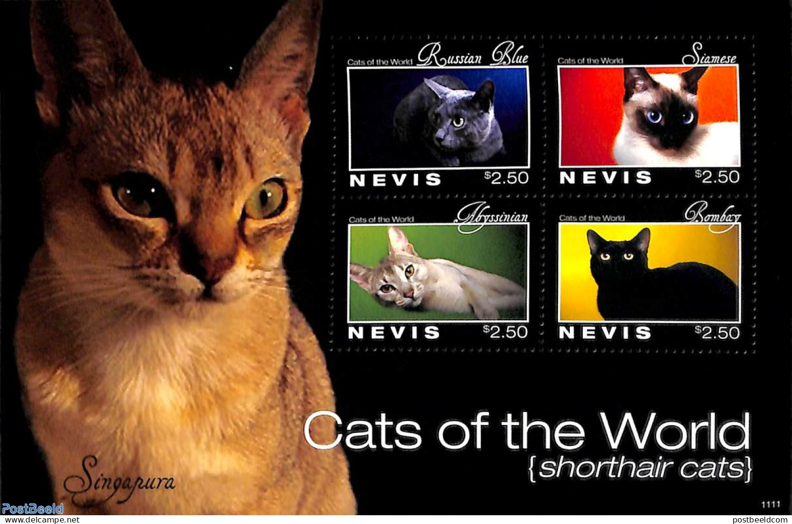 Nevis 2011 Cats 4v M/s, Mint NH, Nature - Cats - St.Kitts Und Nevis ( 1983-...)