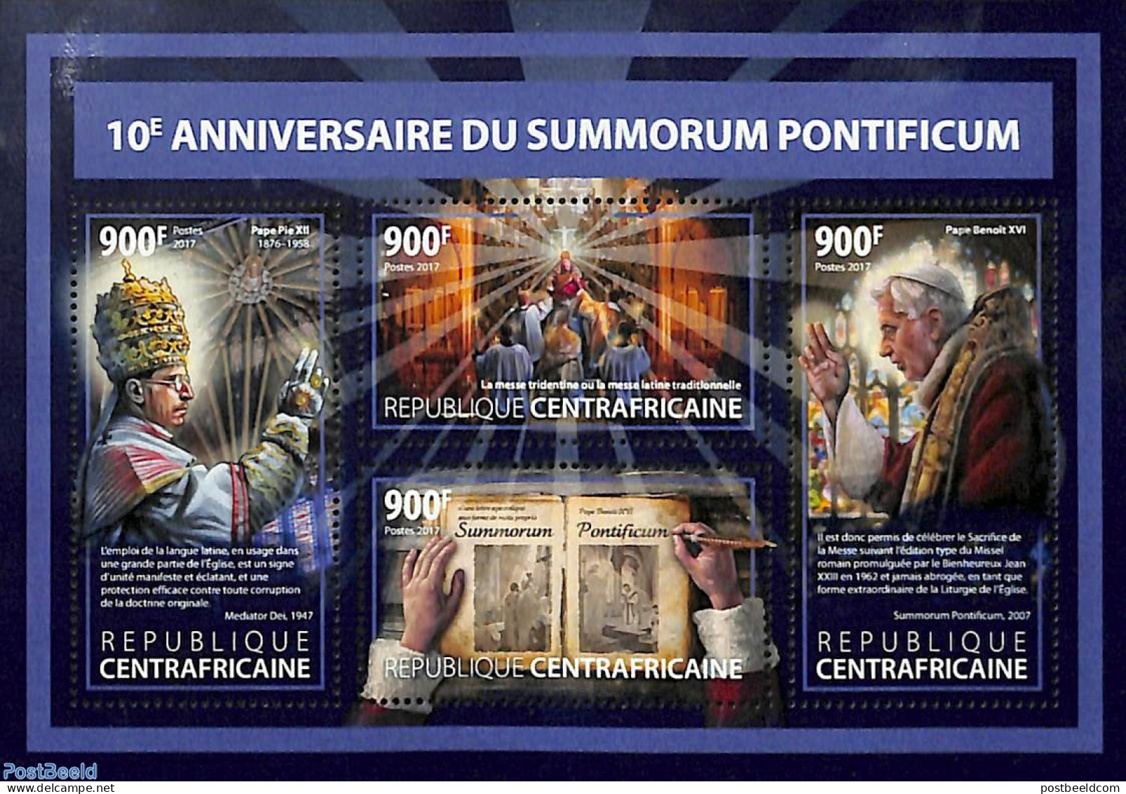 Central Africa 2017 Summorum Pontificum 4v M/s, Mint NH, Religion - Pope - Popes