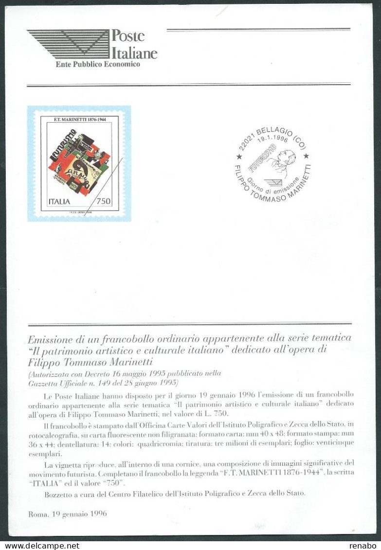 Italia 1996; Bollettino Ufficiale Delle Poste Italiane: "opera Di Filippo Tommaso Marinetti", Un Po' Stropicciato. - 1991-00: Neufs