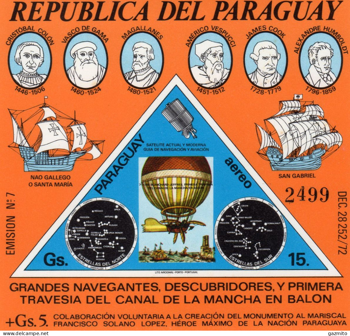 Paraguay 1974, Explorers, Columbus, Cook, Vespucci, Ships, Ballon, Star Maps, BF - Christophe Colomb