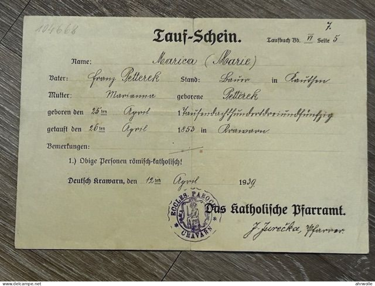 Dokument Urkunde Tauf Schein Deutsch Krawarn 1939 Mit Stempel Pfarramt Cravarn - Historische Dokumente
