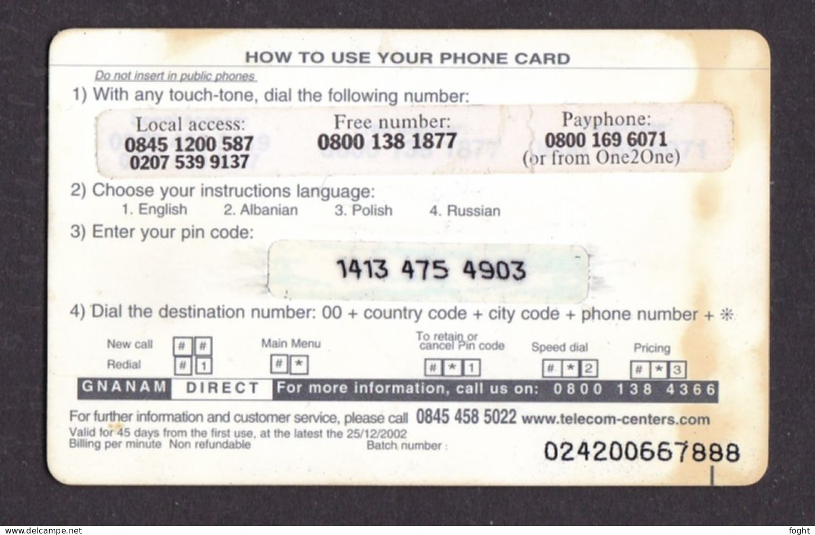 2002 United Kingdom, Phonecard ›Eastern Call2,5£,Col:GB-PRE-GNG-0022B - Emissions Entreprises
