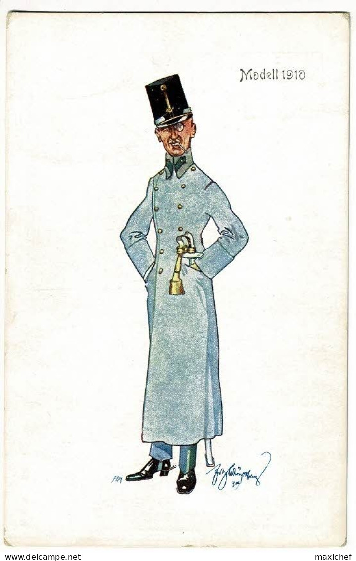 Carte Illustrée Fritz Schöenpflug - Modell 1910 (officier, Manteau, Sabre, Monocle, Képi, Cigarette) Pas Circ B.K.W.I - Schoenpflug, Fritz