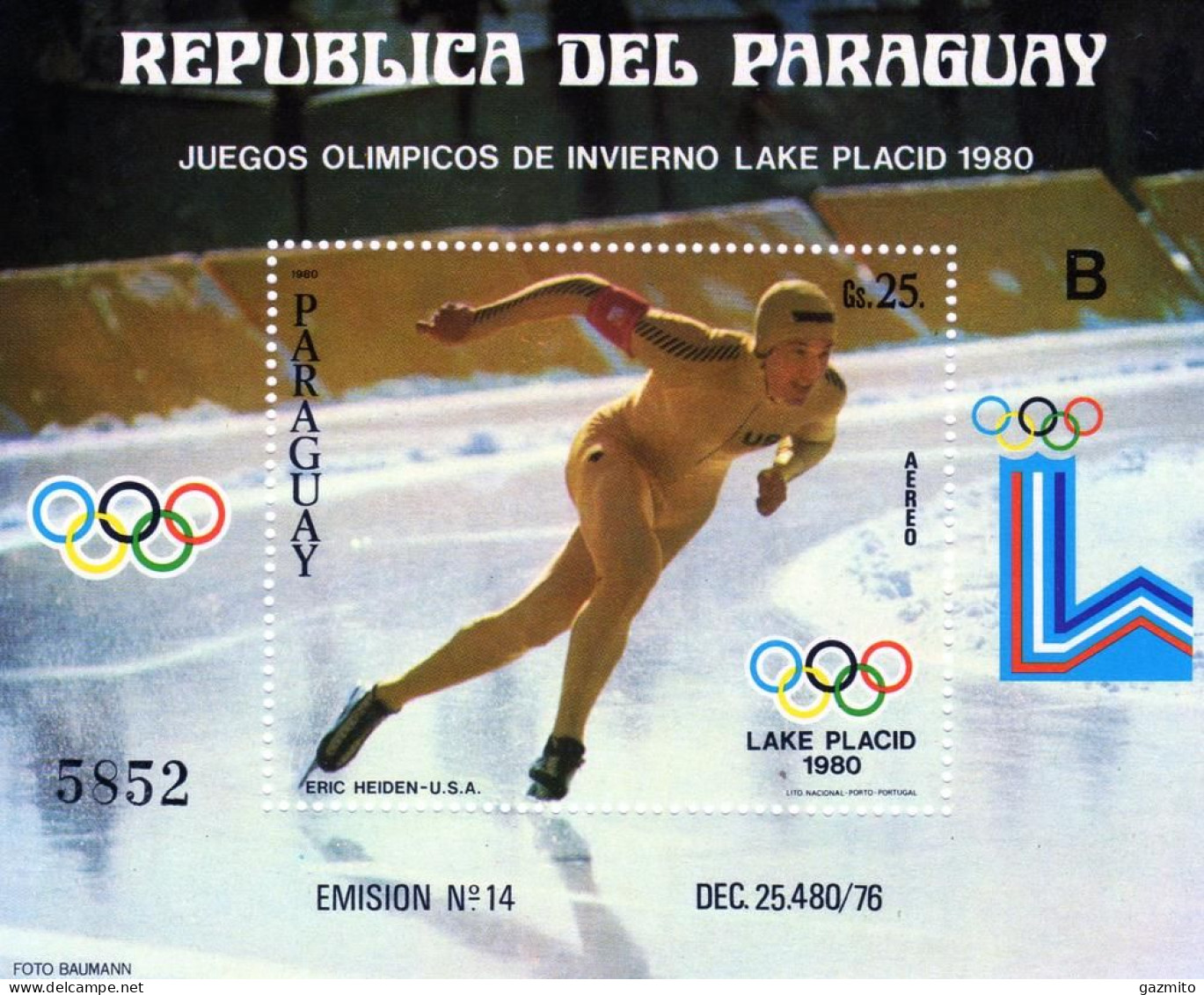 Paraguay 1980, Winter Olympic Games, Skating, B, BF - Paraguay
