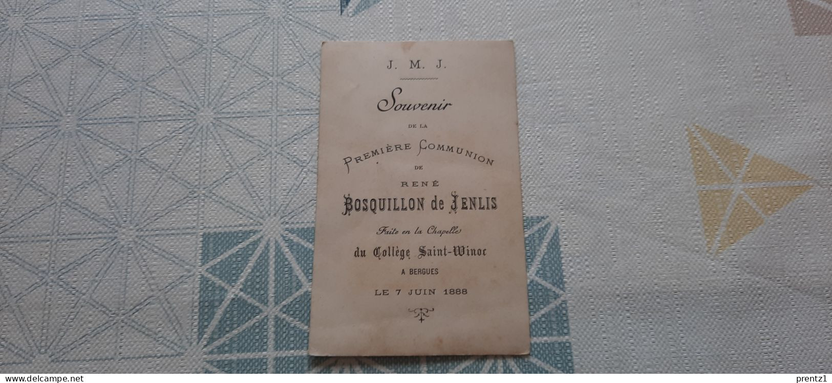 Communieprentje Eerste Communie : Rene Bosquillon De Jenlis - Bergues  -  7/06/1888 - Images Religieuses
