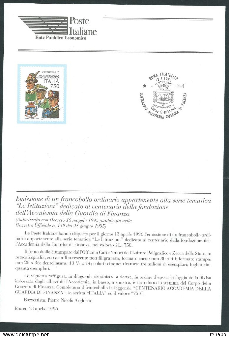 Italia 1996; Bollettino Ufficiale Delle Poste Italiane: "Accademia Della Guardia Di Finanza" - 1991-00: Neufs