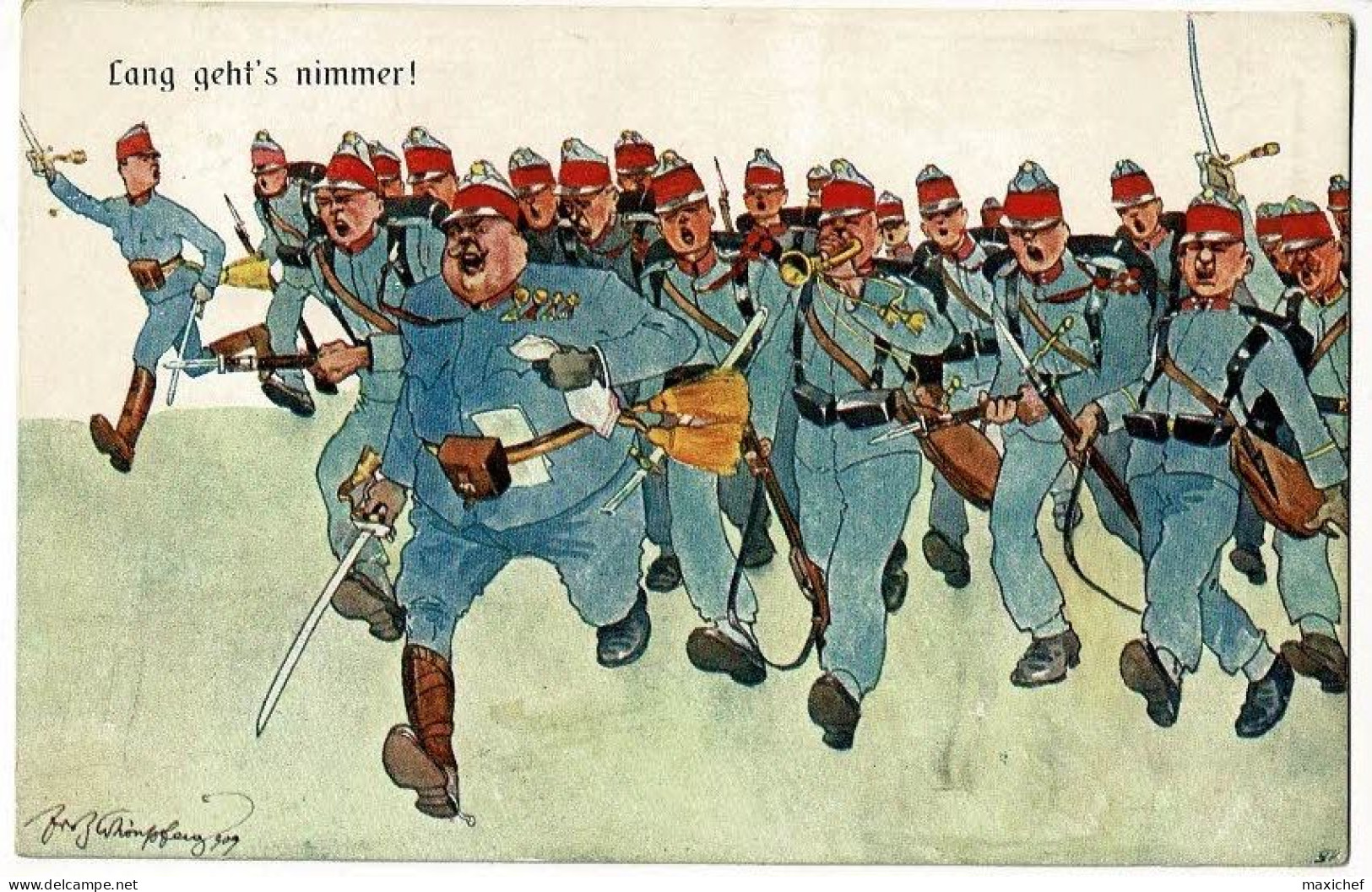 Carte Illustrée Fritz Schöenpflug - Lang Geht's Nimmer (clairon Sonne La Charge, La Troupe Courre En Hurlant) Pas Circ - Schönpflug, Fritz